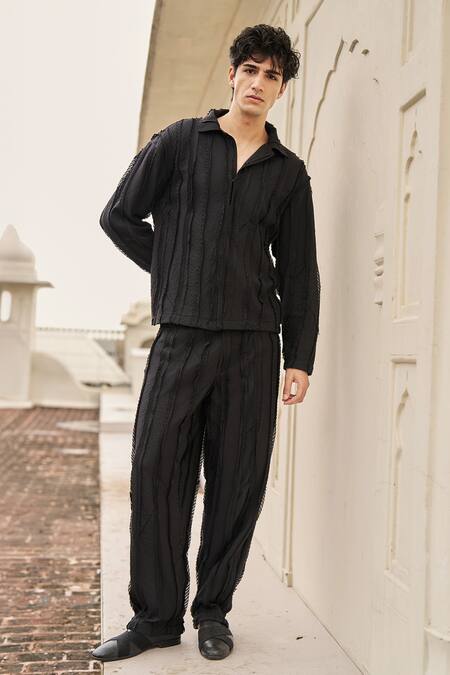 Dash And Dot_Black Cotton Textured Pintuck And Raw Edge Organic Shirt _at_Aza_Fashions