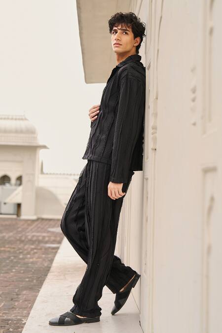 Dash And Dot_Black Cotton Textural Pintuck And Raw Edge Pant Set _Online_at_Aza_Fashions