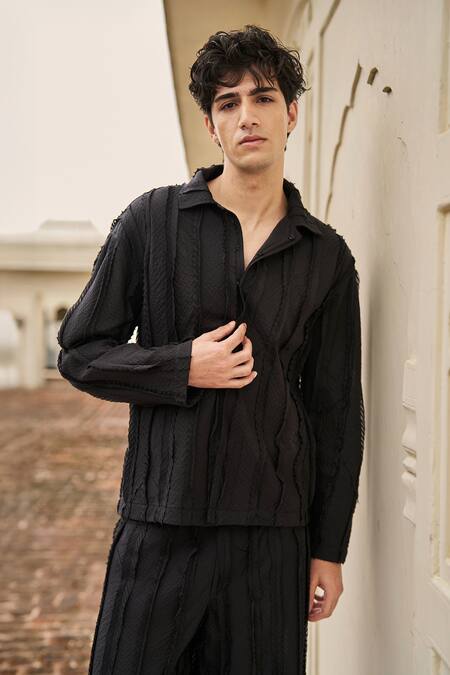 Shop_Dash And Dot_Black Cotton Textural Pintuck And Raw Edge Pant Set _Online_at_Aza_Fashions