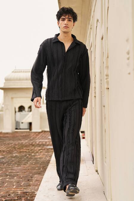 Shop_Dash And Dot_Black Cotton Textural Pintuck And Raw Edge Pant Set 