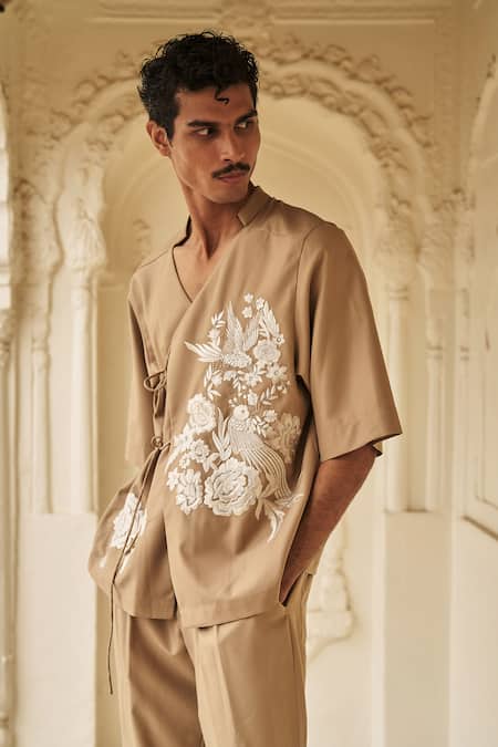 Dash And Dot Beige Polyester, Viscose Embroidery Gara Stitch Angrakha Style Shirt Online at Aza Fashions Dash And Dot_Beige Polyester, Viscose Embroidery Gara Stitch Angrakha Style Shirt _Online_at_Aza_Fashions