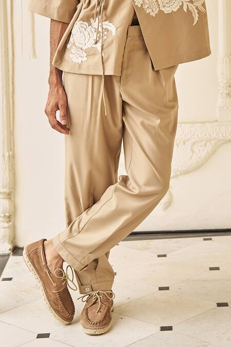 Dash And Dot_Beige Polyester, Viscose, Spandex Tapered Pant With Front Pleats  _Online_at_Aza_Fashions