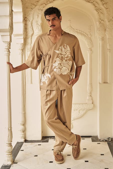 Buy_Dash And Dot_Beige Polyester, Viscose, Spandex Tapered Pant With Front Pleats  _Online_at_Aza_Fashions