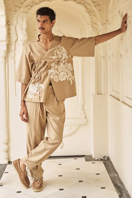 Dash And Dot Beige Polyester, Viscose, Spandex Embroidery Angrakha Shirt And Pant Set Online at Aza Fashions Dash And Dot_Beige Polyester, Viscose, Spandex Embroidery Angrakha Shirt And Pant Set _Online_at_Aza_Fashions
