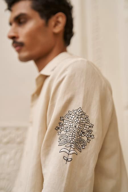 Dash And Dot Beige Viscose, Linen Embroidery Motif Full Sleeve Shirt Online at Aza Fashions Dash And Dot_Beige Viscose, Linen Embroidery Motif Full Sleeve Shirt _Online_at_Aza_Fashions