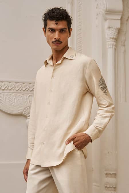 Buy Dash And Dot Beige Viscose, Linen Embroidery Motif Full Sleeve Shirt Online at Aza Fashions Buy_Dash And Dot_Beige Viscose, Linen Embroidery Motif Full Sleeve Shirt _Online_at_Aza_Fashions