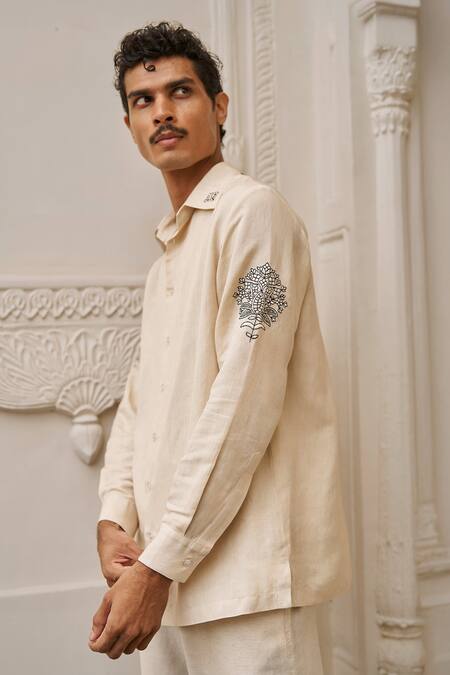Shop Dash And Dot Beige Viscose, Linen Embroidery Motif Full Sleeve Shirt Online at Aza Fashions Shop_Dash And Dot_Beige Viscose, Linen Embroidery Motif Full Sleeve Shirt _Online_at_Aza_Fashions