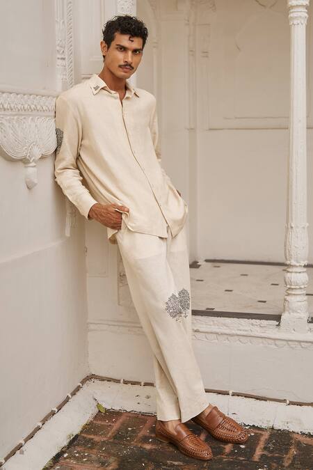 Shop Dash And Dot Beige Cotton, Linen Embroidery Motif Straight Cut Pant Online at Aza Fashions Shop_Dash And Dot_Beige Cotton, Linen Embroidery Motif Straight Cut Pant _Online_at_Aza_Fashions