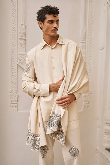 Dash And Dot Beige Viscose, Linen, Cotton Embroidery Motif Shirt And Pant Set Online at Aza Fashions Dash And Dot_Beige Viscose, Linen, Cotton Embroidery Motif Shirt And Pant Set _Online_at_Aza_Fashions