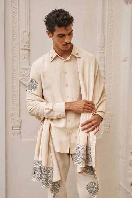 Buy Dash And Dot Beige Viscose, Linen, Cotton Embroidery Motif Shirt And Pant Set Online at Aza Fashions Buy_Dash And Dot_Beige Viscose, Linen, Cotton Embroidery Motif Shirt And Pant Set _Online_at_Aza_Fashions