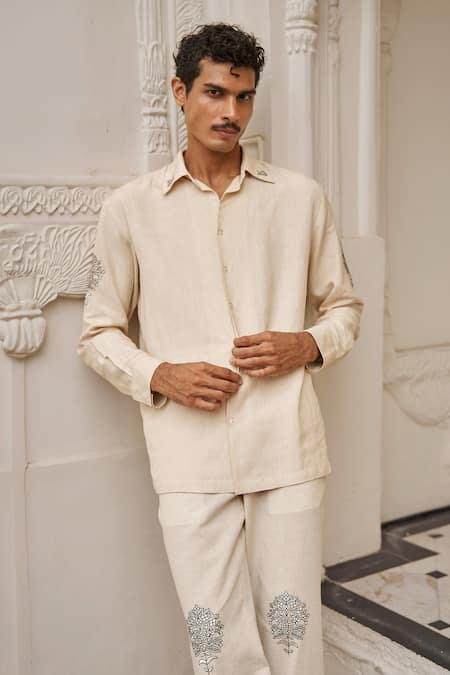 Shop Dash And Dot Beige Viscose, Linen, Cotton Embroidery Motif Shirt And Pant Set Online at Aza Fashions Shop_Dash And Dot_Beige Viscose, Linen, Cotton Embroidery Motif Shirt And Pant Set _Online_at_Aza_Fashions
