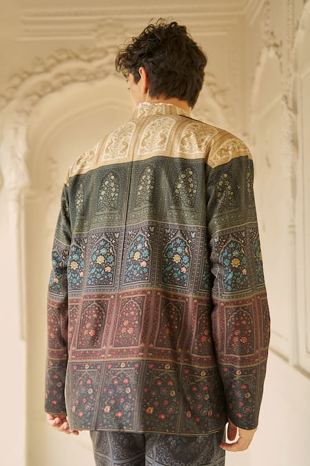 Shop_Dash And Dot_Green Bemberg Mughal Floral Panel Print Jacket _Online_at_Aza_Fashions