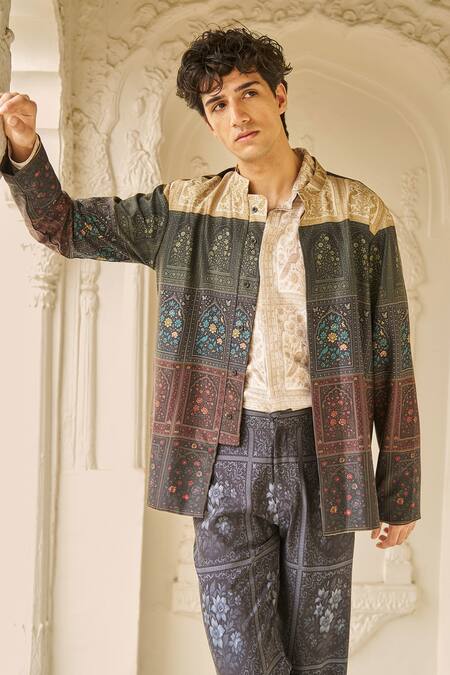 Buy_Dash And Dot_Green Bemberg Mughal Floral Panel Print Jacket 
