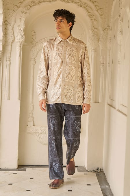 Buy_Dash And Dot_Beige Bemberg Mughal Print Floral Motif Shirt _Online_at_Aza_Fashions
