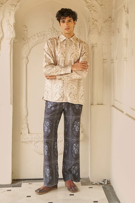 Buy_Dash And Dot_Beige Bemberg Mughal Floral And Peacock Print Shirt & Pant Set _Online_at_Aza_Fashions