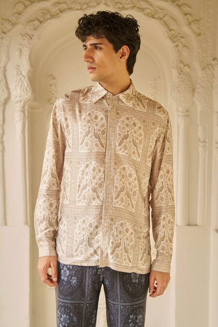 Dash And Dot_Beige Bemberg Mughal Floral And Peacock Print Shirt & Pant Set _at_Aza_Fashions