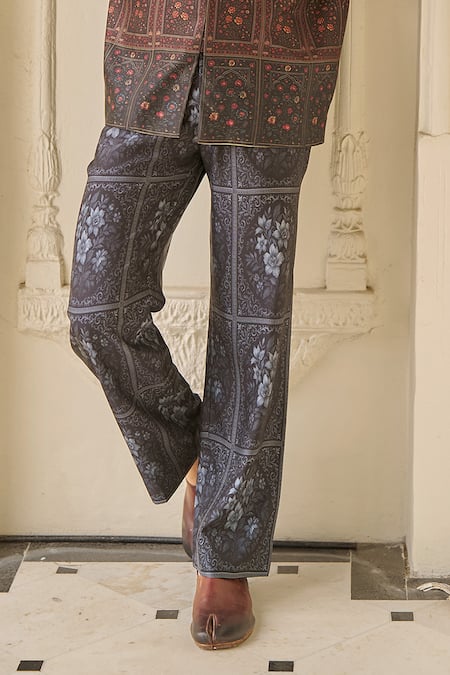 Dash And Dot_Beige Bemberg Mughal Floral Panel Print Jacket And Pant Set _Online_at_Aza_Fashions