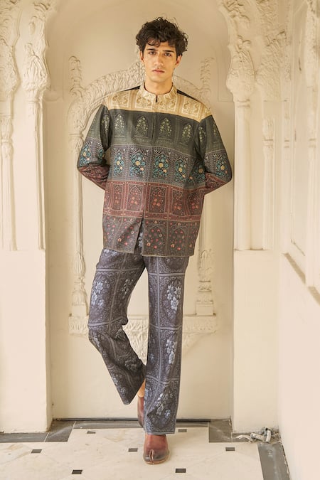 Buy_Dash And Dot_Beige Bemberg Mughal Floral Panel Print Jacket And Pant Set _Online_at_Aza_Fashions