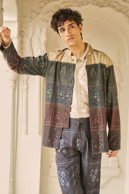 Shop_Dash And Dot_Beige Bemberg Mughal Floral Panel Print Jacket And Pant Set 