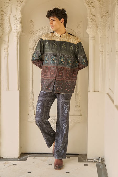 Dash And Dot Mughal Floral Panel Print Jacket & Pant Set 