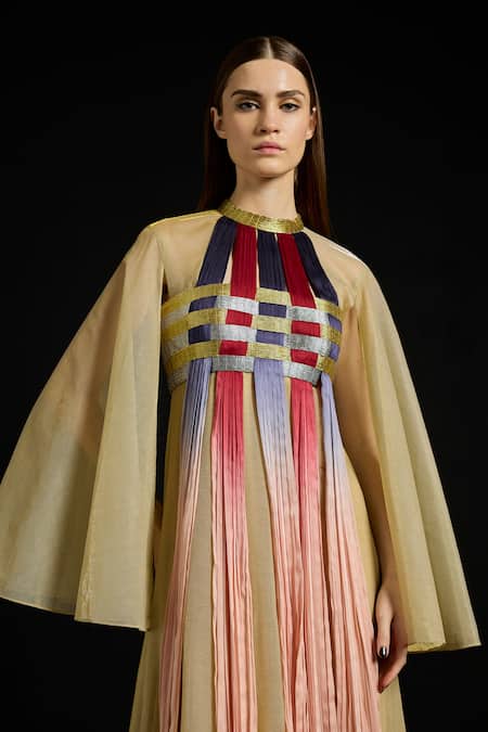 Buy_Akhl_Gold Chiffon, Net Metallic Thread High Interwoven Gradient Tulle Kaftan Dress _Online_at_Aza_Fashions