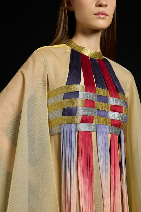 Shop_Akhl_Gold Chiffon, Net Metallic Thread High Interwoven Gradient Tulle Kaftan Dress _Online_at_Aza_Fashions
