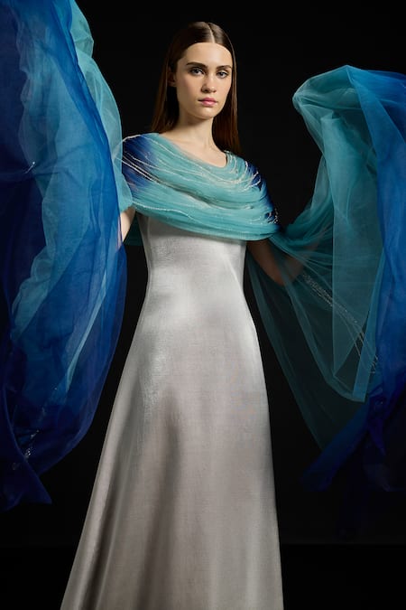 Akhl_Silver Satin, Tulle Sequins, Fringe Boat Neck Draped Fall-panelled Dress _Online_at_Aza_Fashions