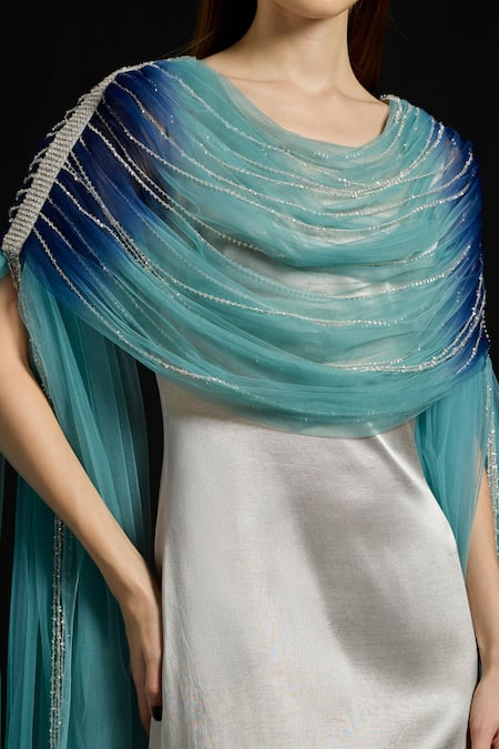 Buy_Akhl_Silver Satin, Tulle Sequins, Fringe Boat Neck Draped Fall-panelled Dress _Online_at_Aza_Fashions