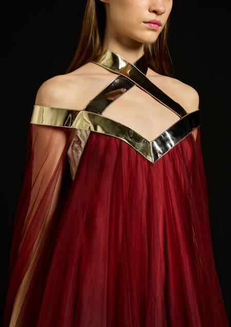 Akhl_Red Satin, Tulle Metallic Thread Halter Neck Layered Dress _Online_at_Aza_Fashions
