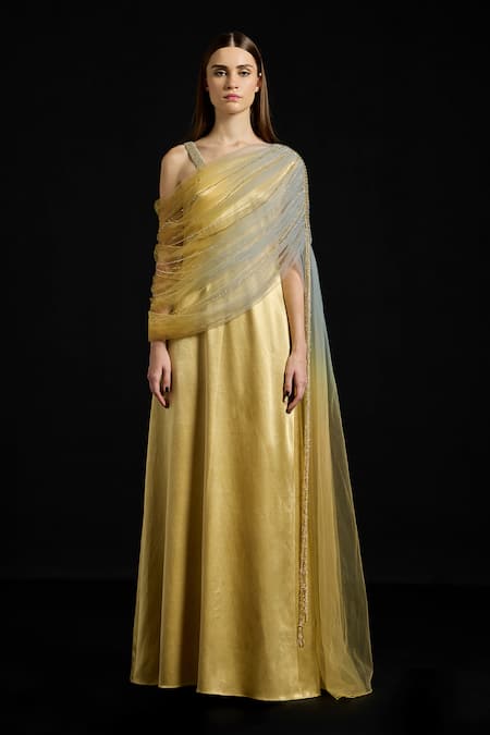 Akhl Gathered Draped Tulle Satin Kaftan Dress 