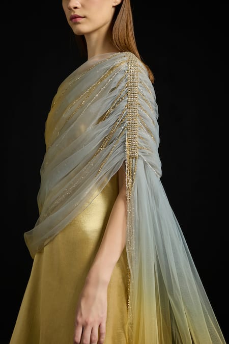 Akhl_Gold Satin, Tulle Sequins One Shoulder Gathered Draped Kaftan Dress _Online_at_Aza_Fashions