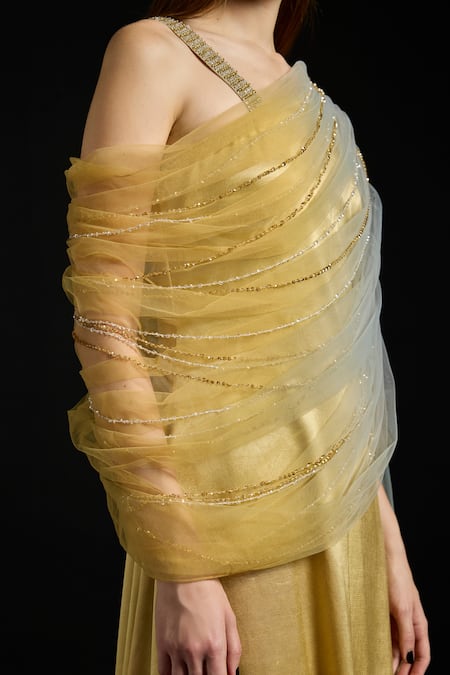 Buy_Akhl_Gold Satin, Tulle Sequins One Shoulder Gathered Draped Kaftan Dress _Online_at_Aza_Fashions