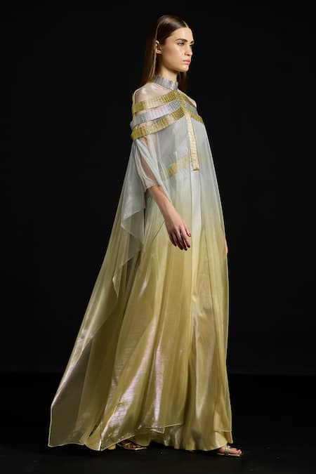 Akhl_Gold Tulle, Satin Metallic Thread High Neck Overlay Kaftan Dress _Online_at_Aza_Fashions