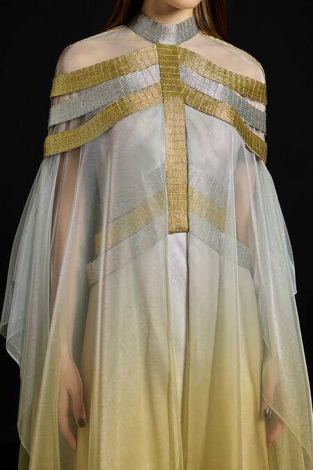 Buy_Akhl_Gold Tulle, Satin Metallic Thread High Neck Overlay Kaftan Dress _Online_at_Aza_Fashions