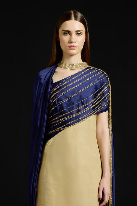 Buy_Akhl_Gold Tulle, Chiffon Sequins, Fringe High Neck, Draped Metallic Kaftan Dress _Online_at_Aza_Fashions