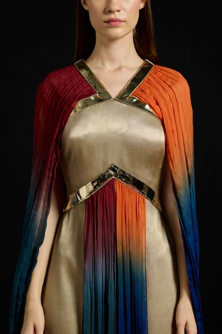 Akhl_Multi Color Satin, Tulle, Polyester, Rayon Fall-panelled Gradient Kaftan Dress _Online_at_Aza_Fashions