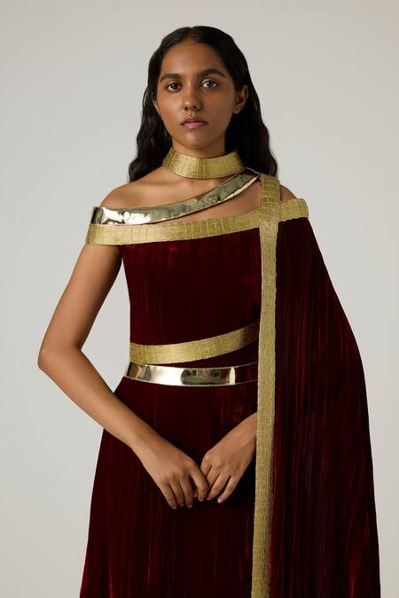 Akhl_Red Velvet, Polyester, Cotton Metallic Thread, Mirrors Wrap Kaftan Dress _Online_at_Aza_Fashions