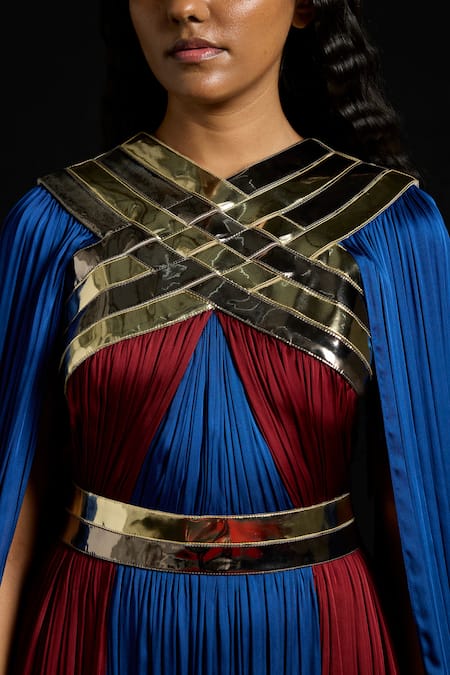 Shop_Akhl_Multi Color Chiffon, Tulle Metallic Thread V-neck Gradient And Kaftan Dress _Online_at_Aza_Fashions