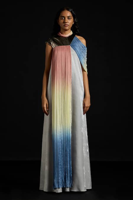 Akhl_Multi Color Satin, Chiffon, Polyester, Viscose, Metallic Plate Draped Kaftan _Online_at_Aza_Fashions