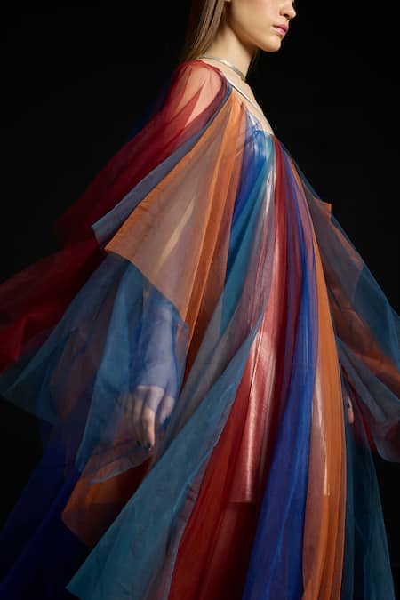 Shop_Akhl_Multi Color Tulle, Satin V-neck Multicolor Fall-panelled Kaftan _Online_at_Aza_Fashions