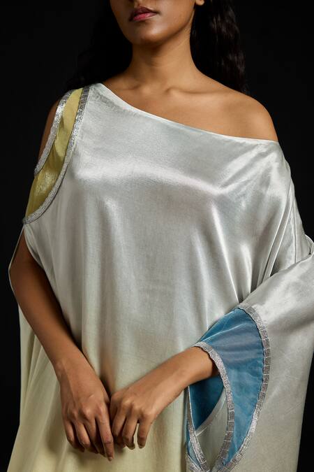 Akhl_Silver Satin, Tulle Metallic Thread, Cut Work One Asymmetric Gradient Kaftan _Online_at_Aza_Fashions