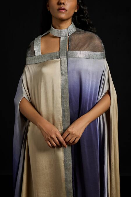 Akhl_Gold Satin, Tulle Metallic Thread High Neck And Navy Asymmetric Kaftan _Online_at_Aza_Fashions