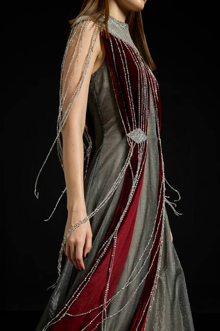 Akhl_Red Tulle, Velvet Sequins, Beads High Neck And Fringe Dress _Online_at_Aza_Fashions