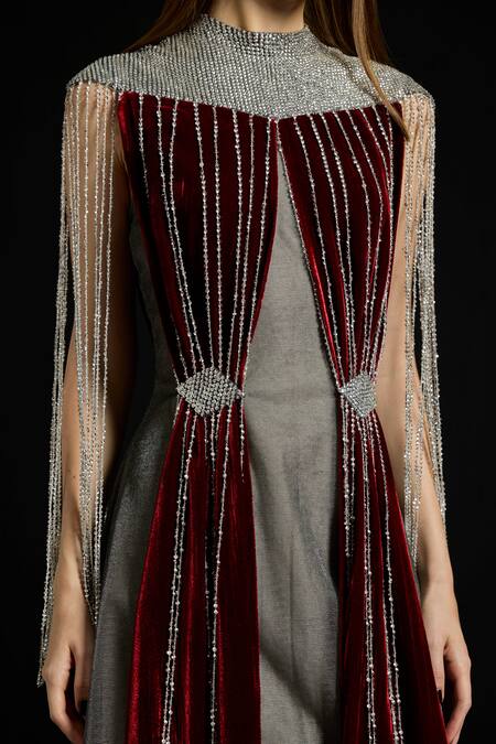 Buy_Akhl_Red Tulle, Velvet Sequins, Beads High Neck And Fringe Dress _Online_at_Aza_Fashions