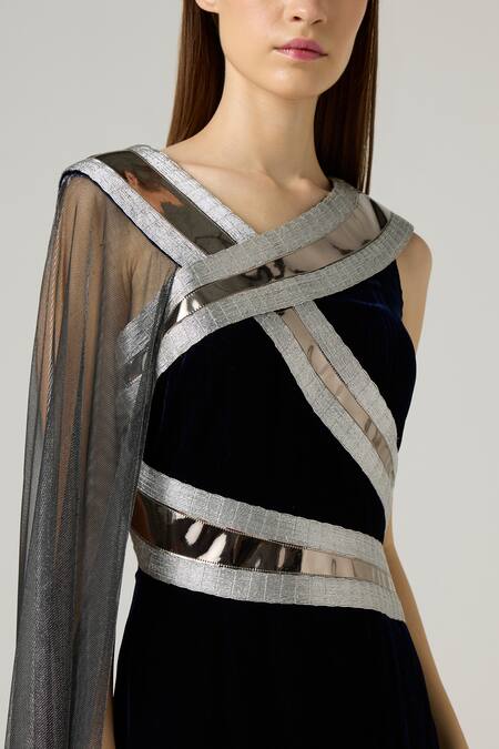 Buy_Akhl_Navy Velvet, Tulle Metallic Thread, Mirrors V-neck Tape Dress _Online_at_Aza_Fashions