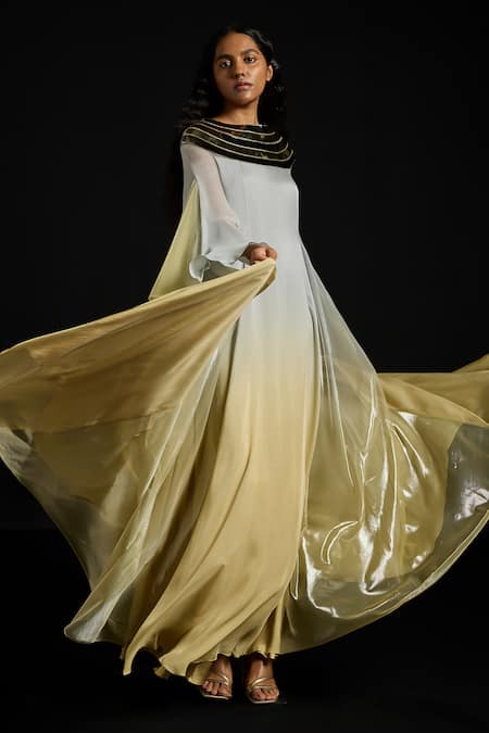Akhl_Gold Chiffon, Viscose, Net Metallic Thread Round Neck Concentric Dress _Online_at_Aza_Fashions