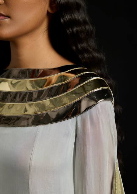 Buy_Akhl_Gold Chiffon, Viscose, Net Metallic Thread Round Neck Concentric Dress _Online_at_Aza_Fashions