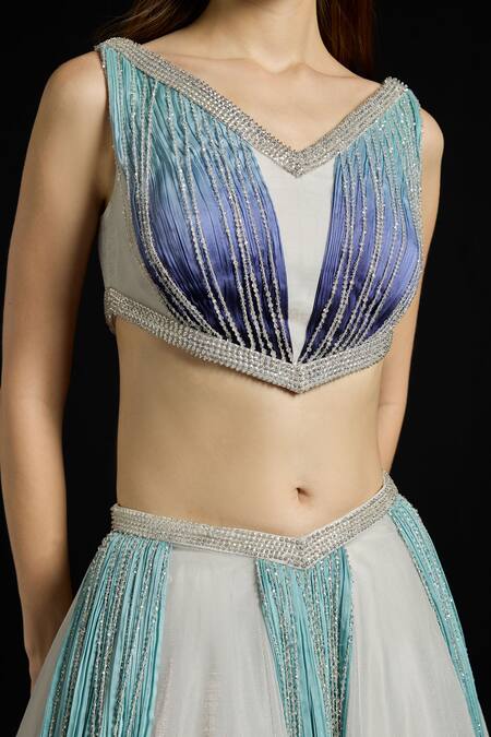 Akhl_Blue Chiffon, Viscose, Tulle, Polyamide Sequins, Fringe Gathered Skirt Set _Online_at_Aza_Fashions