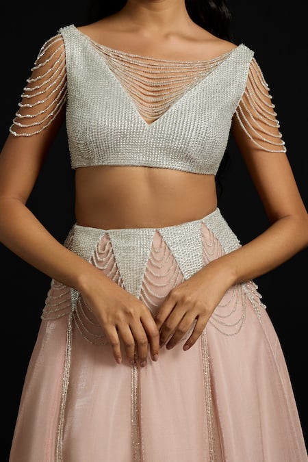 Akhl_Silver Tulle Sequins, Beads, Fringe V-neck Skirt Set _Online_at_Aza_Fashions