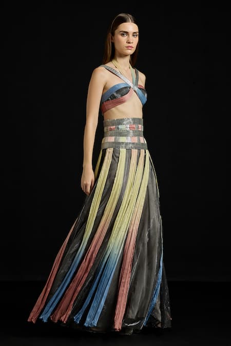 Akhl Multicolor Interwoven Halter Top & Skirt Set 